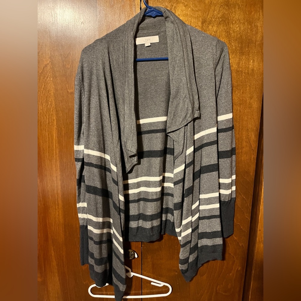 LOFT Charcoal and Ivory Striped Cardigan
